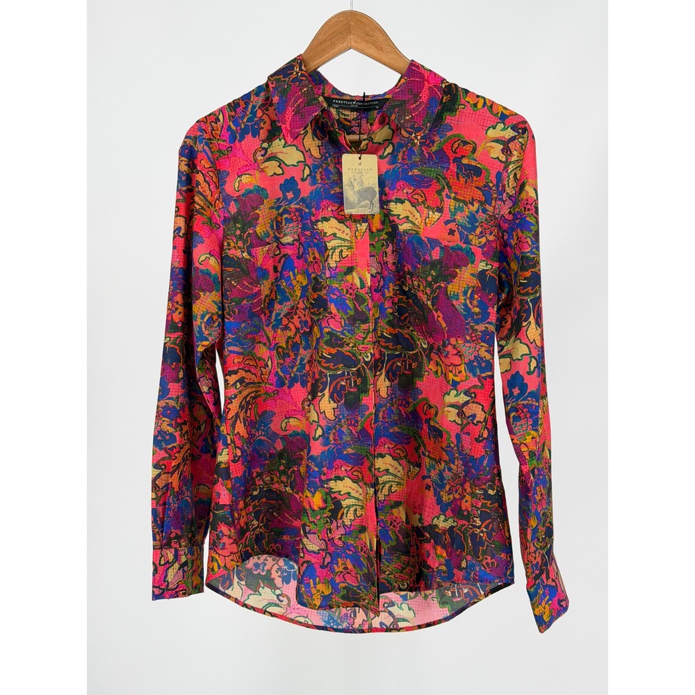 Peruvian Connection Tessa Shirt Womens M Pink Multi Floral Abstract Button Down